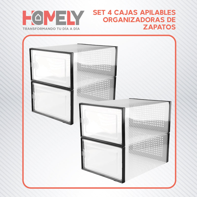 Caja Organizador de Zapatos Homely Zapatero Apilable Firme Transparente  Set X4 Unidades