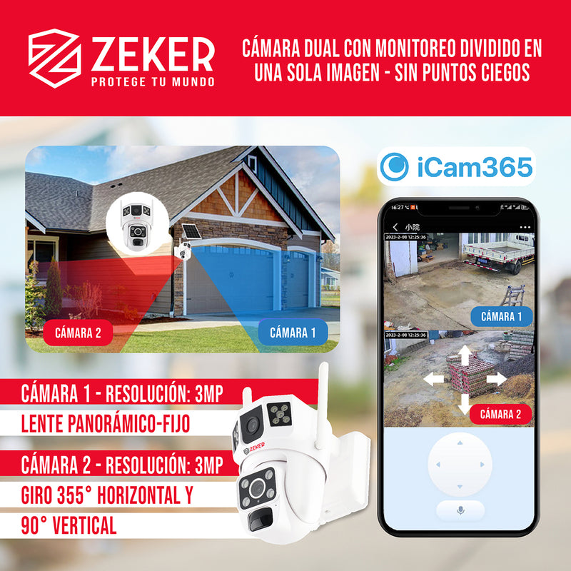 Cámara De Seguridad 2.4g Zeker Solar Duo 3mp Impermeable X2