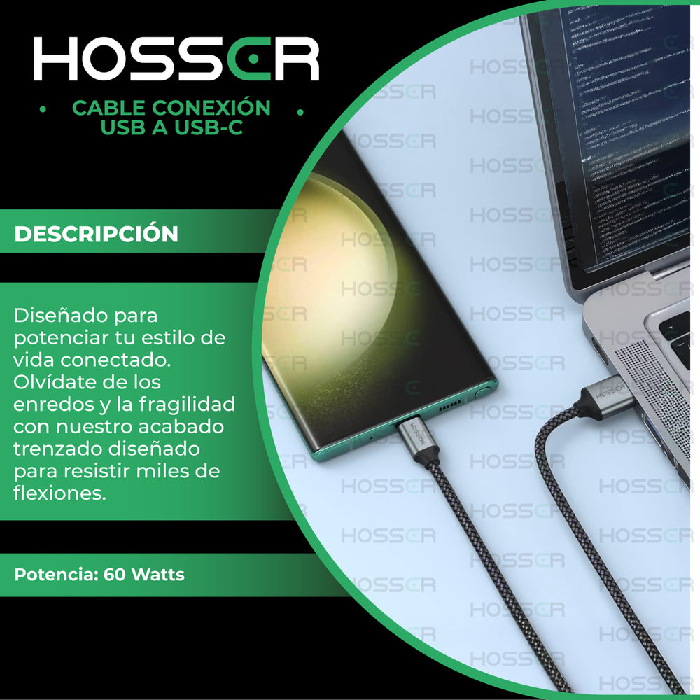 Cable Usb Tipo C To Usb 2 M Iphone Samsung Hosser Carga Rapi Negro