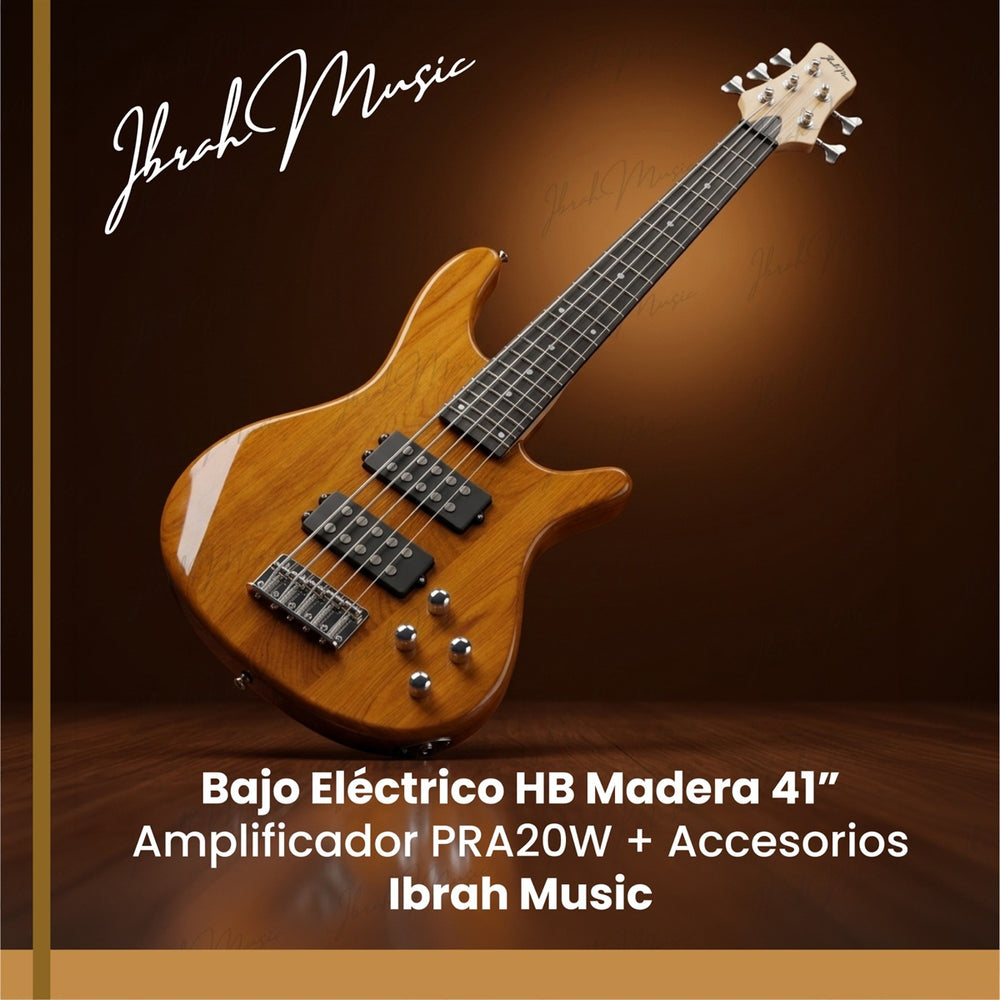 Bajo Eléctrico Ibrah HB 5 Cuerdas Madera + Amplificador PRA20W + Accesorios