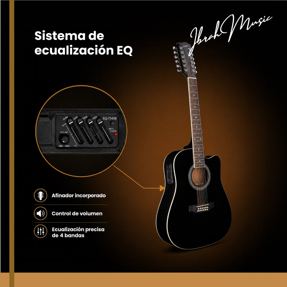 Guitarra Electroacustica De 12 Cuerdas Ibrah Music 41" Color Negra Con Funda De Transporte Y Pack Accesesorios - Default Title