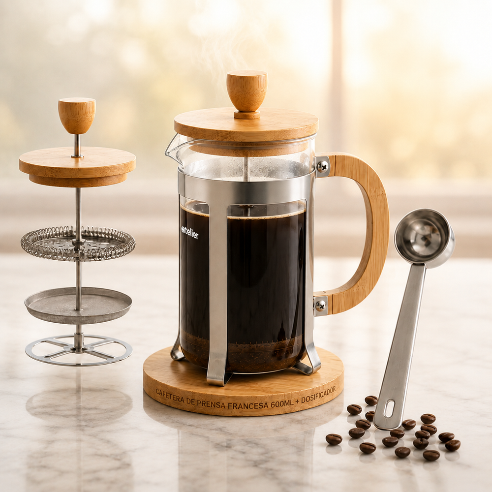 Cafetera Francesa 600ml Atelier Prensa Vidrio Acero Inoxidable Portatil Con Dosificador
