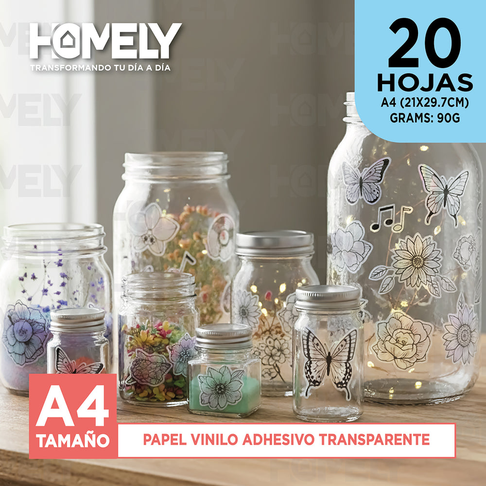 Papel Vinilo Adhesivo Transparente A4 20 Hojas Homely 90g Blanco
