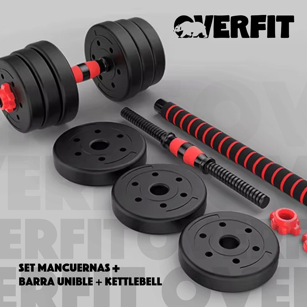 Set Mancuernas + Barra + Kettlebell Unibles Overfit 30kg