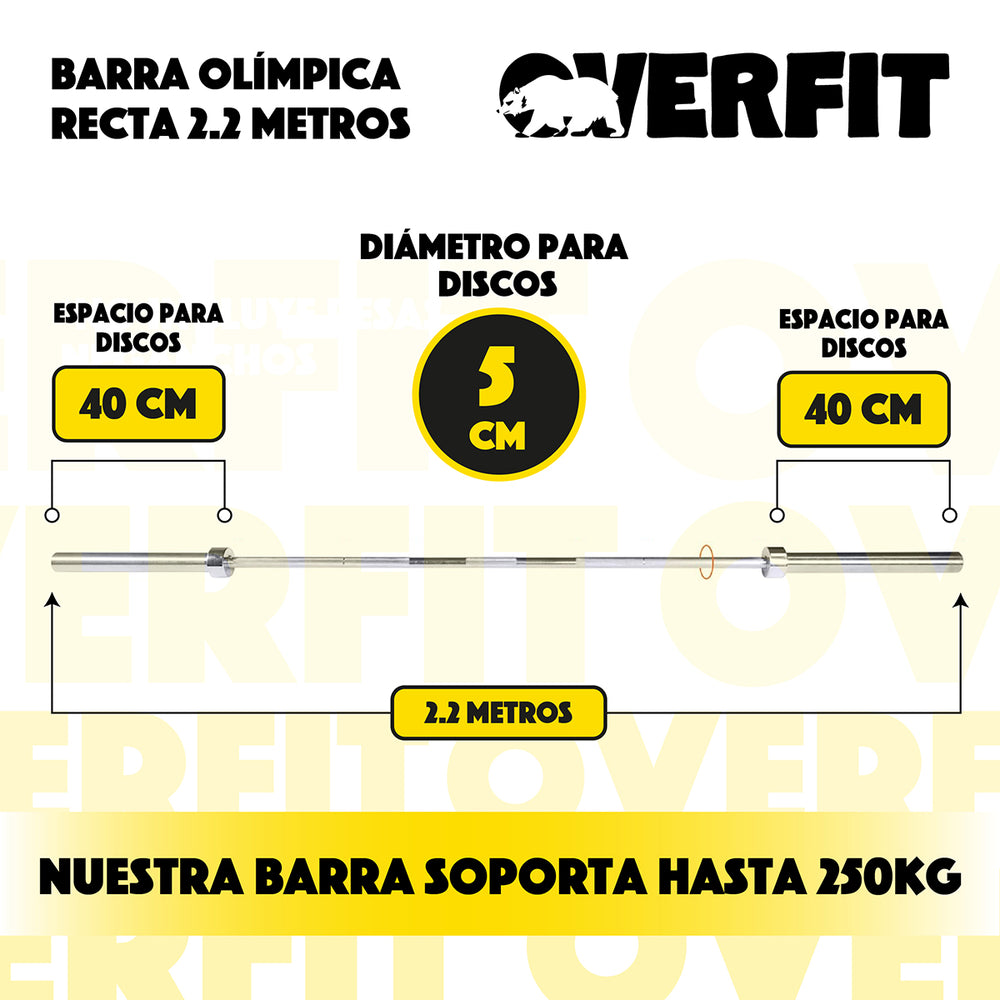 Barra Olimpica Recta Overfit 20kg 220Cm Cromada Fitness