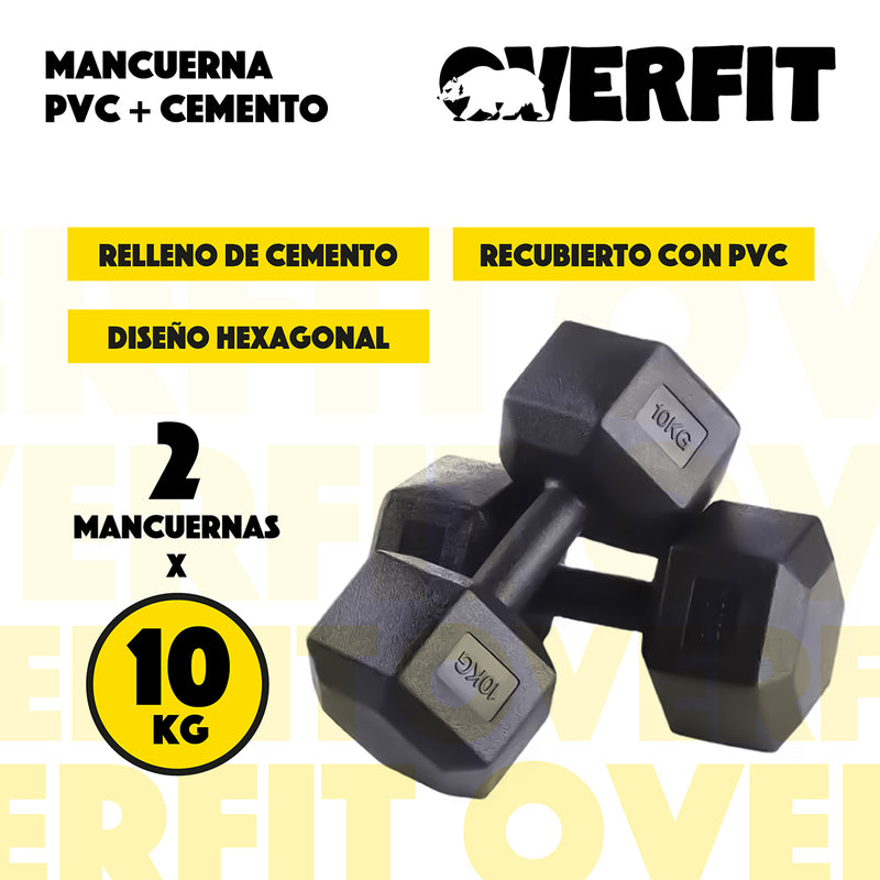 Mancuerna Hexagonal 10KG Par Set X2 Pesas PVC 20KG Overfit