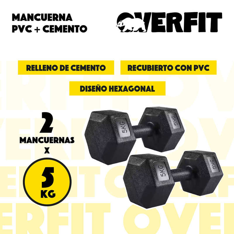 Mancuerna Hexagonal 5KG Par Set X2 Pesas PVC 10KG Overfit