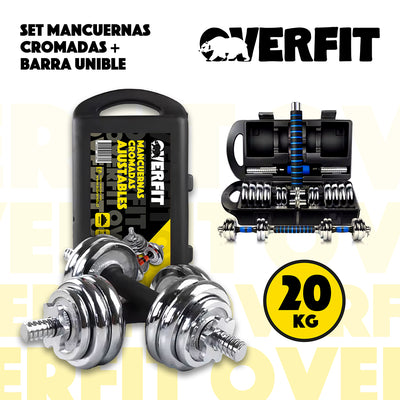 Mancuernas Cromadas 20kg Ajustables + Barra Unibles Overfit