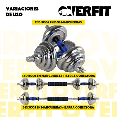 Mancuernas Cromadas 20kg Ajustables + Barra Unibles Overfit