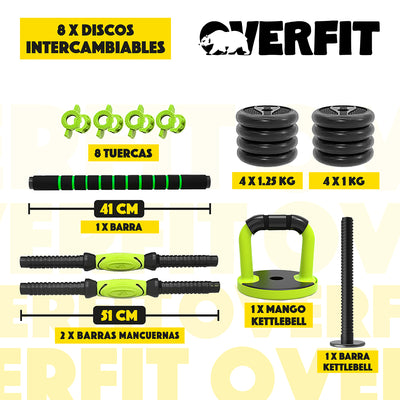 Set Mancuernas + Barra + Kettlebell Unibles Overfit 10kg