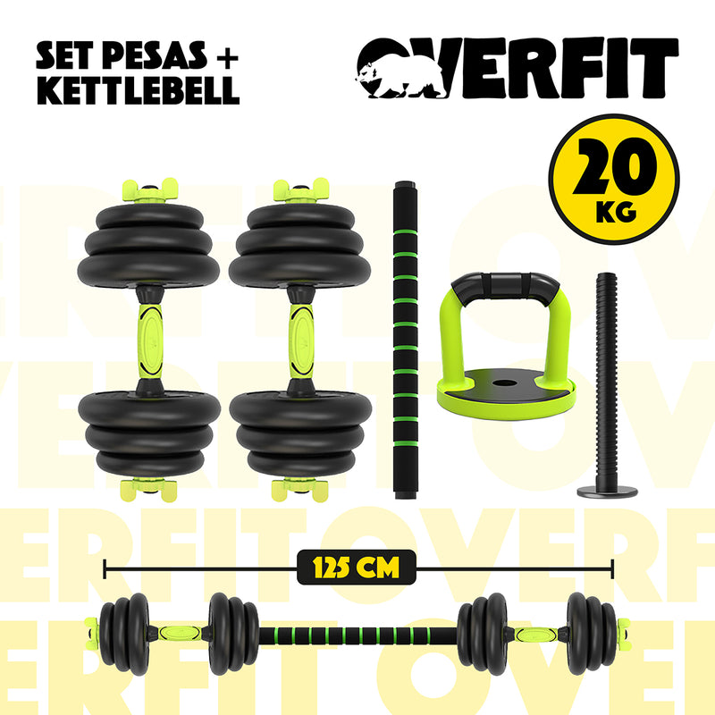 Set Mancuernas + Barra + Kettlebell Unibles Overfit 20kg