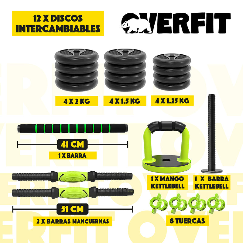 Set Mancuernas + Barra + Kettlebell Unibles Overfit 20kg