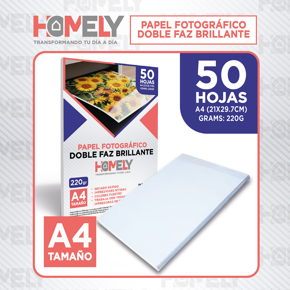 Papel Fotografico Doble Faz Brillante A4 220Gr Homely 50hjs