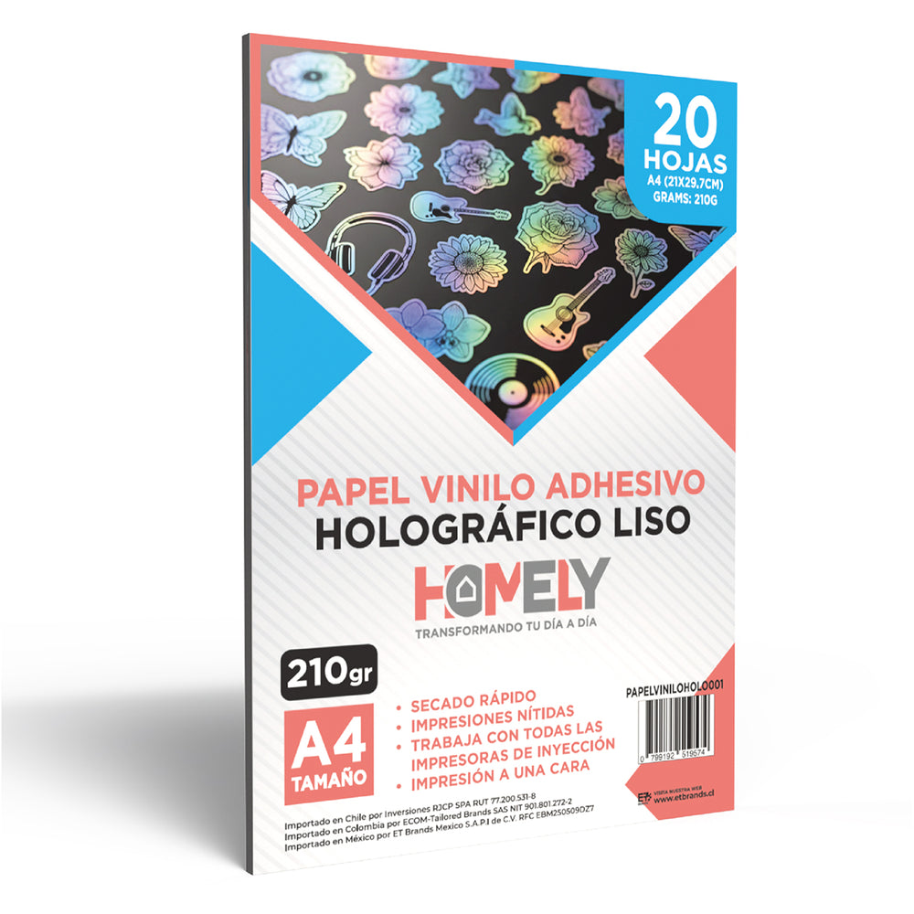 Papel Vinilo Adhesivo Holografico A4 20 Hojas Homely 210g Blanco