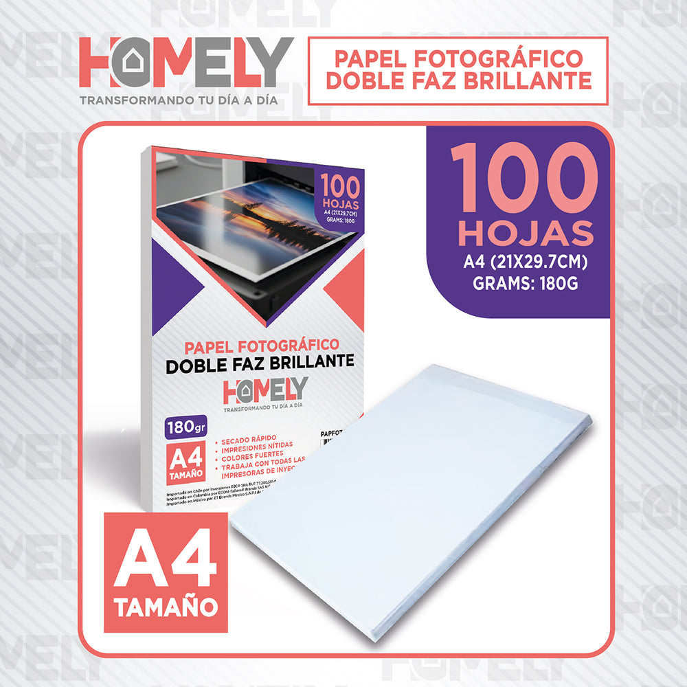 Papel Fotografico Doble Faz Glossy A4 180g Homely 100 Hojas Blanco