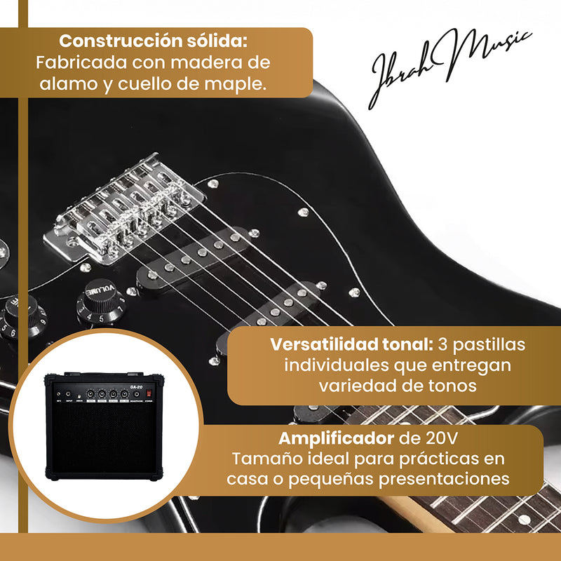 Guitarra Eléctrica Strato Ibrah + Amplif + Accesorios Negra