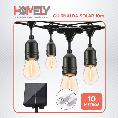 Pack X2 Guirnalda Solar Exterior Homely Luces Terraza Vintage 10 Metros + 10 Ampolletas Impermeables E27
