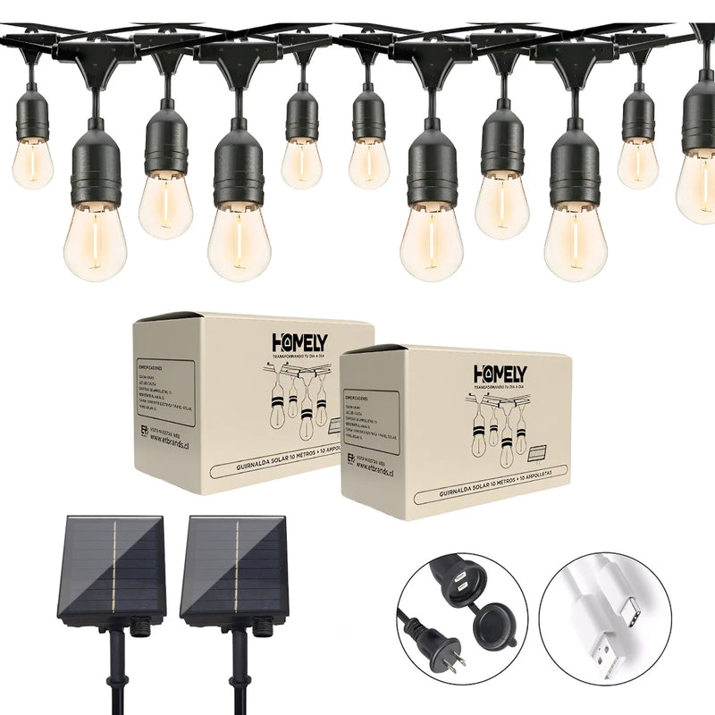 Pack X2 Guirnalda Solar Exterior Homely Luces Terraza Vintage 10 Metros + 10 Ampolletas Impermeables E27