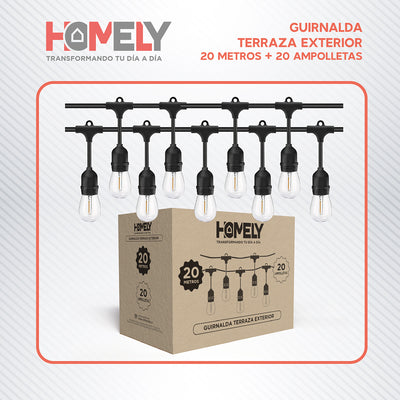 Guirnalda Terraza Exterior 20 Metros 20 Ampolletas Impermeables Homely
