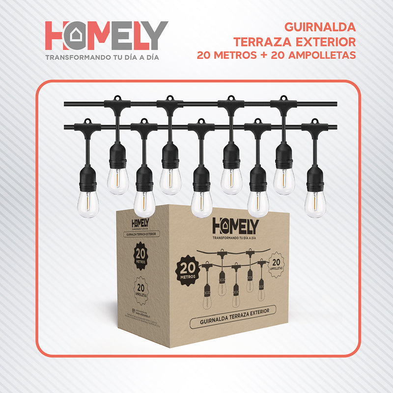Guirnalda Terraza Exterior 20 Metros 20 Ampolletas Impermeables Homely