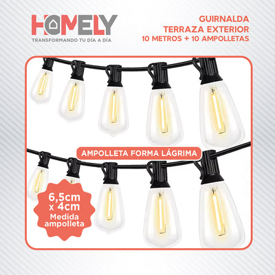 Guirnalda Terraza Exterior 10 Metros + 10 Ampolletas Lagrima Homely
