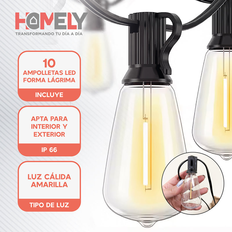 Guirnalda Terraza Exterior 10 Metros + 10 Ampolletas Lagrima Homely