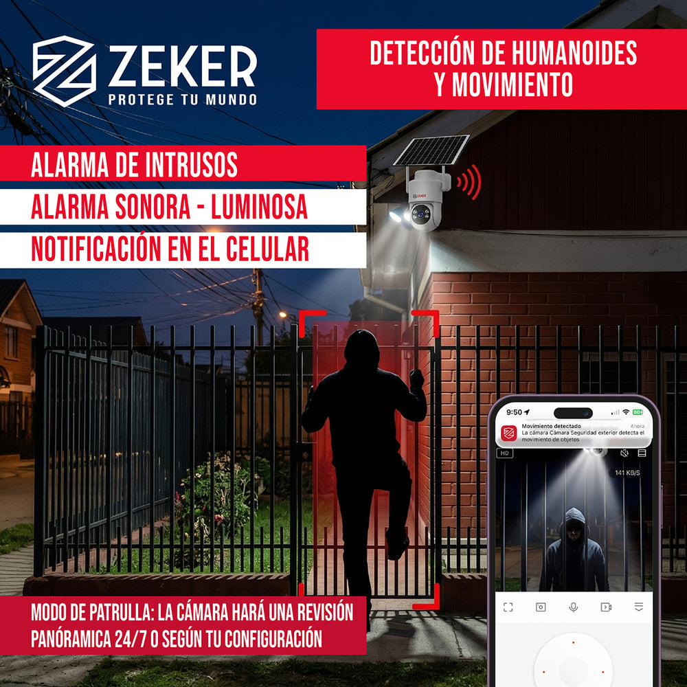 Camara de seguridad panel Solar wifi 2.4G Zeker 4MP
