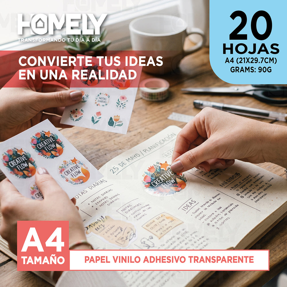 Papel Vinilo Adhesivo Transparente A4 20 Hojas Homely 90g Blanco
