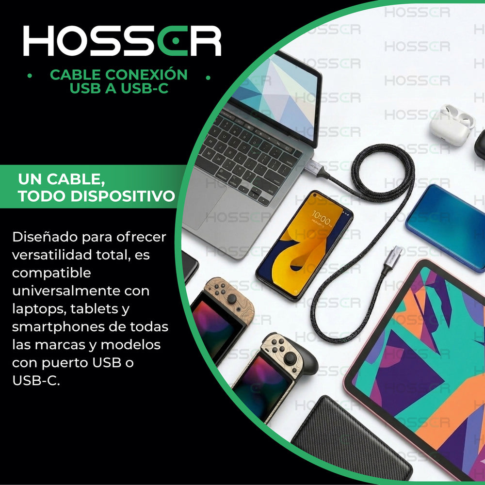 Cable Usb Tipo C To Usb 2 M Iphone Samsung Hosser Carga Rapi Negro