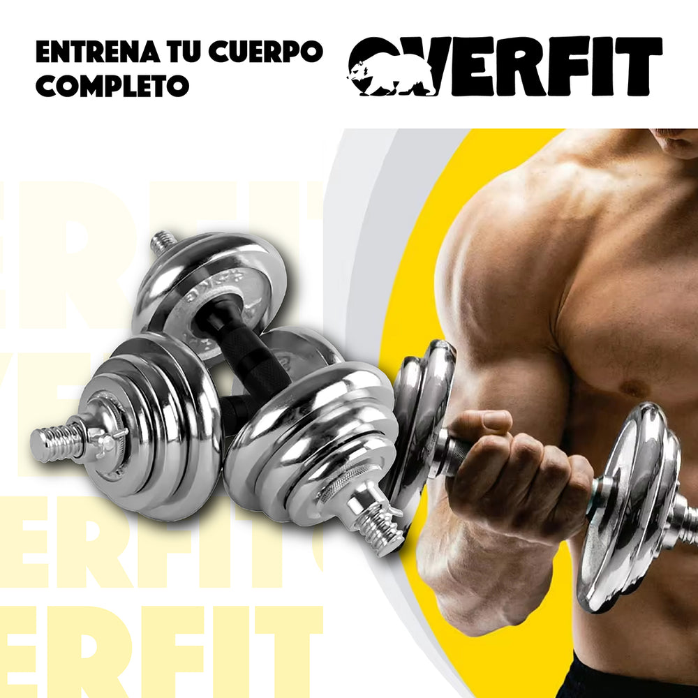 Mancuernas Cromadas 30kg Ajustables + Barra Unibles Overfit