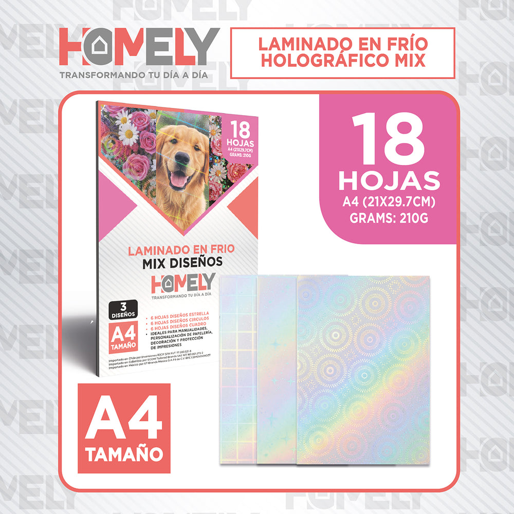 Papel Laminado Frio Holografico Adhesivo A4 Homely 18 Hojas Blanco