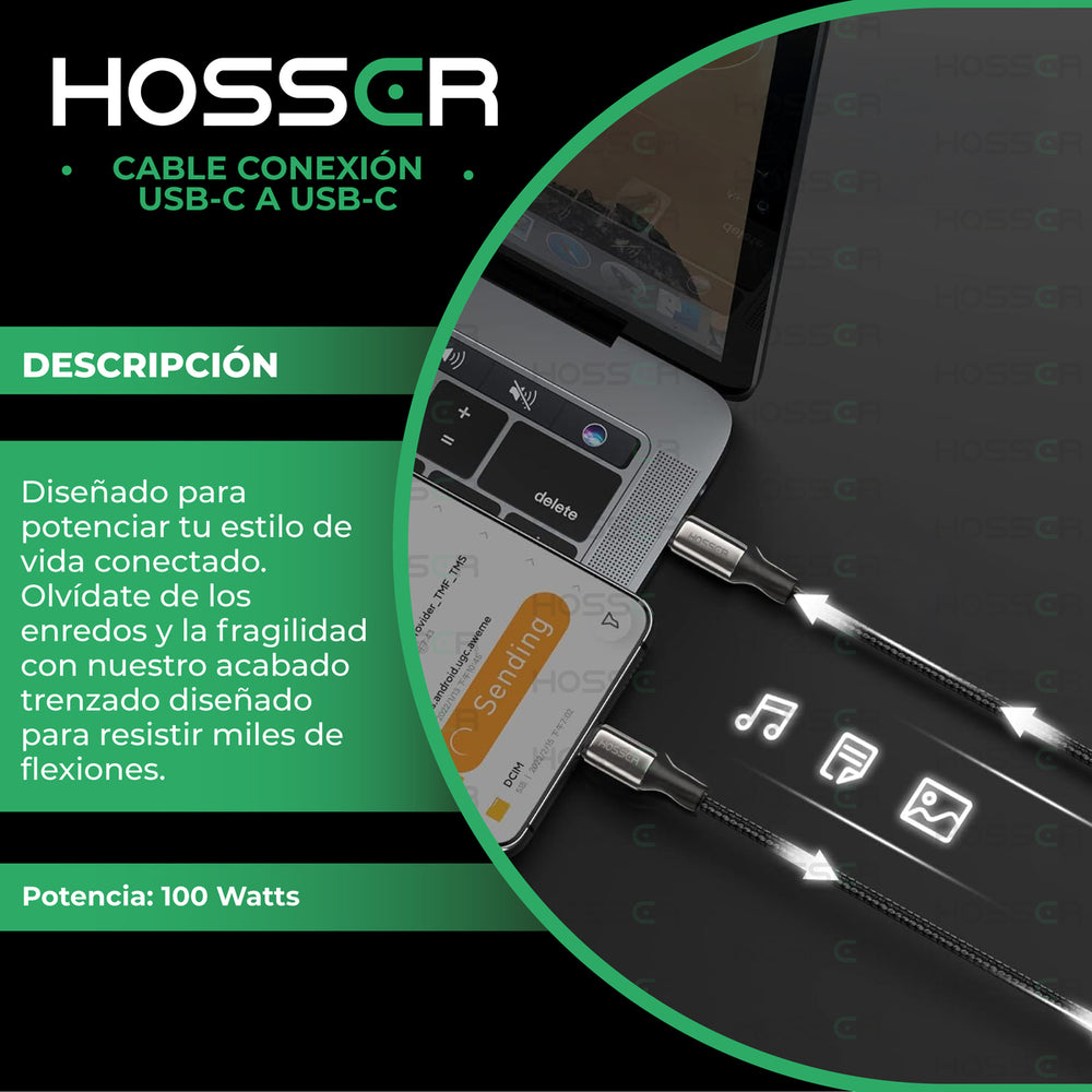 Cable Usb C A C 2 Metros Iphone Samsung Carga Rapida Hosser Negro