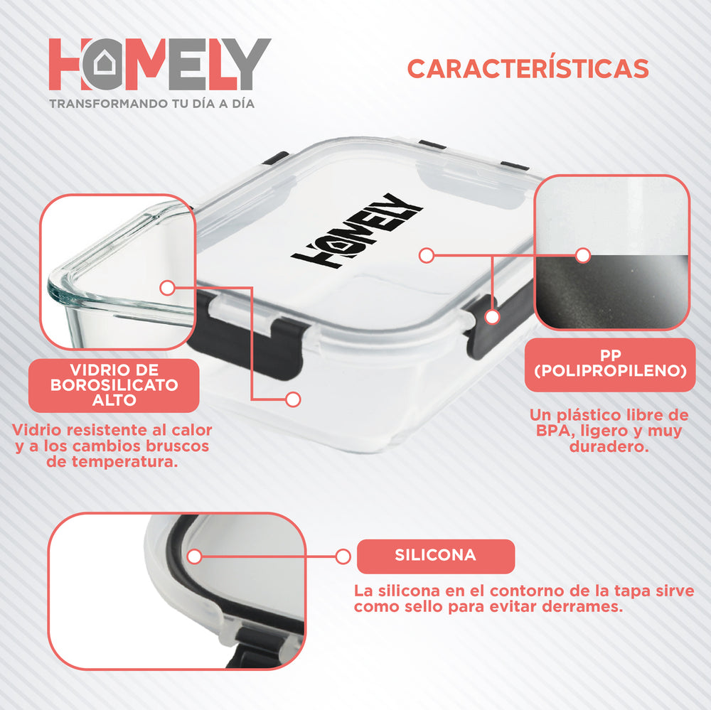 Tupper Hermetico Comida Homely Vidrio Templado Set x4 3.57 L