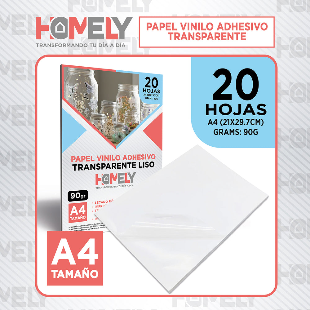 Papel Vinilo Adhesivo Transparente A4 20 Hojas Homely 90g Blanco