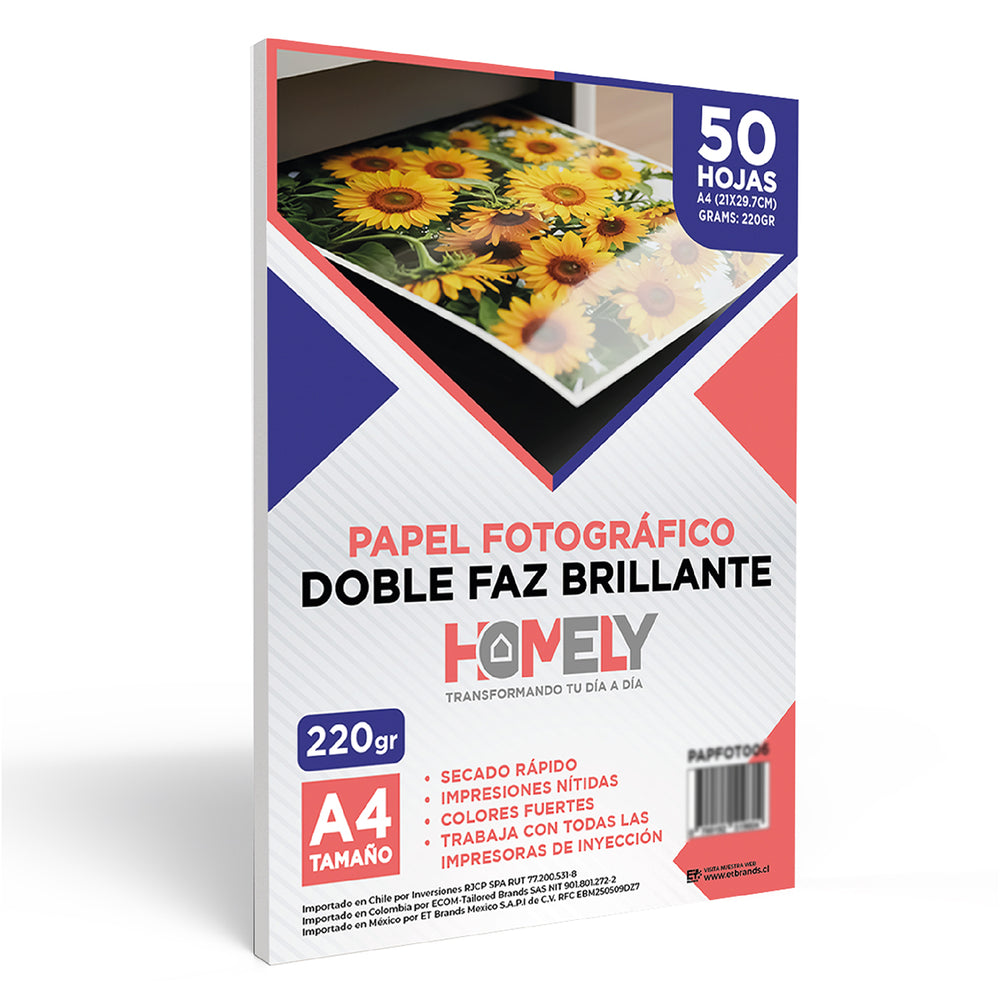 Papel Fotografico Doble Faz Brillante A4 220Gr Homely 50hjs