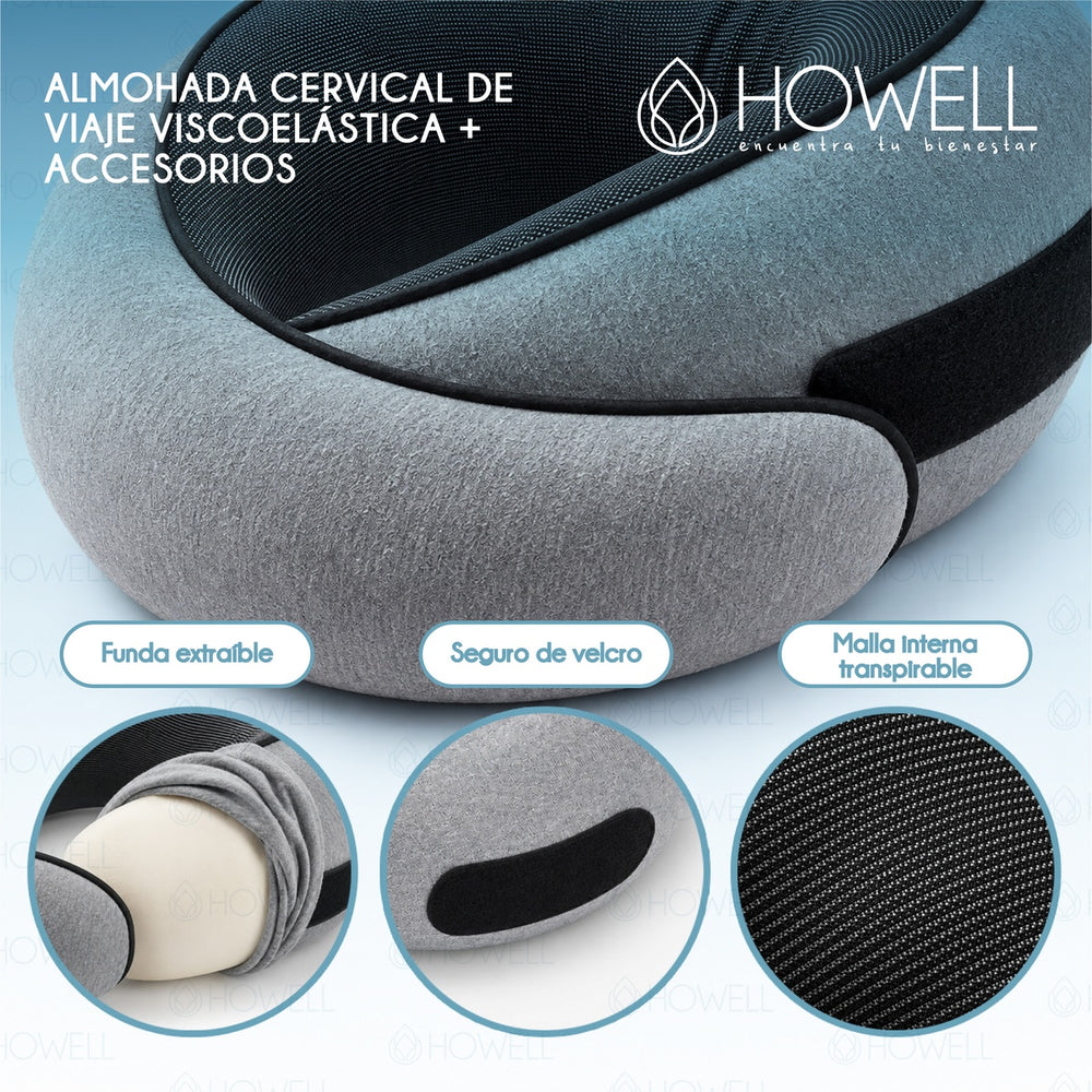 Almohada De Viaje Cervical Howell Viscoelastica + Accesorios