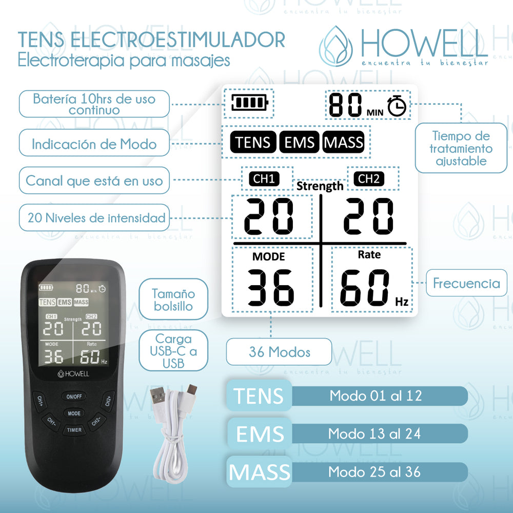 Tens Electroestimulador Muscular 36 Modos Howell EMS Dual