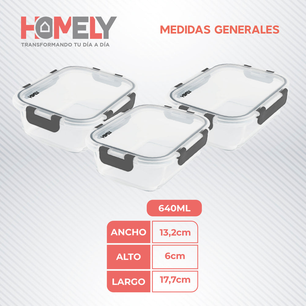 Tupper Frasco Vidrio 640 Ml Templado Hermetico Set x3 Homely