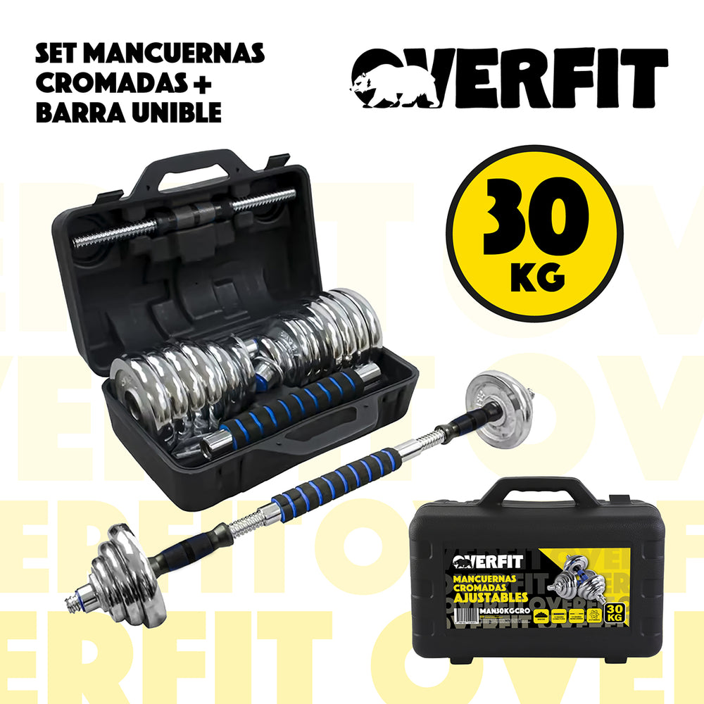 Mancuernas Cromadas 30kg Ajustables + Barra Unibles Overfit