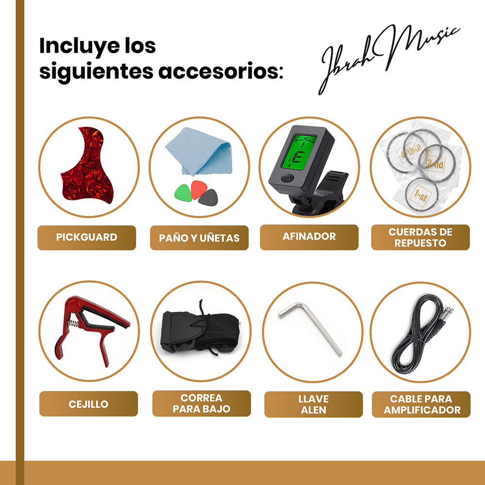 Bajo Electroacustico Ibrah Music 43" Negro Con Funda De Transporte Y Pack Accesesorios - Default Title