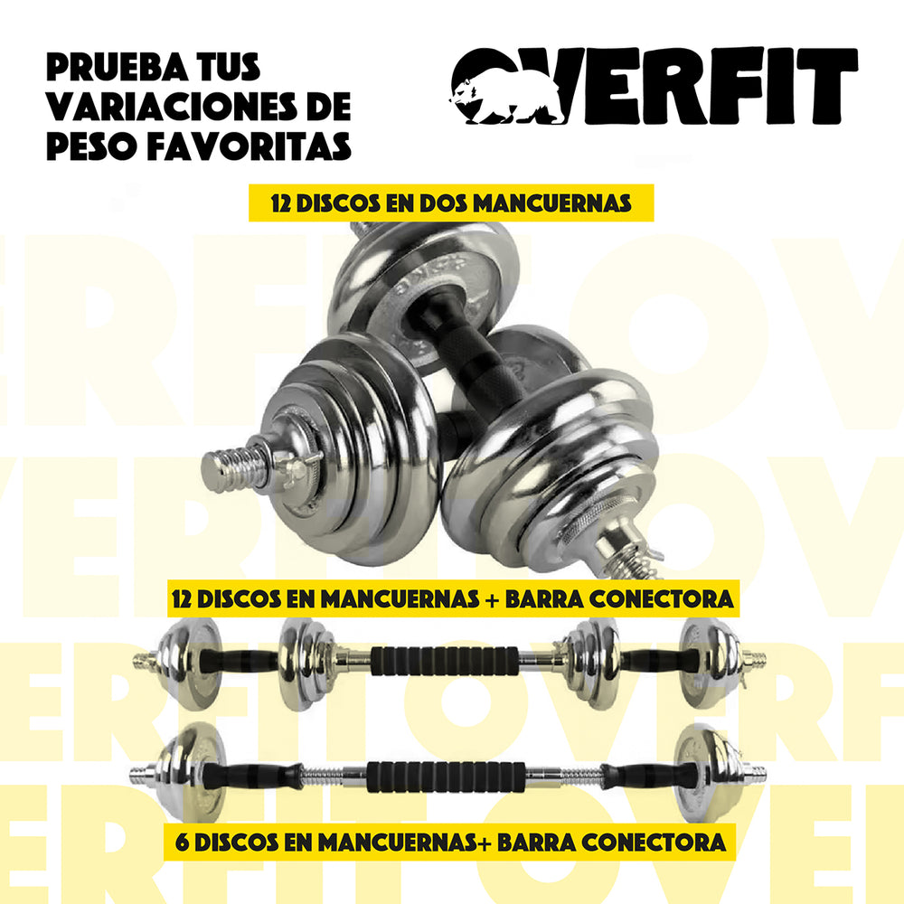 Mancuernas Cromadas 30kg Ajustables + Barra Unibles Overfit