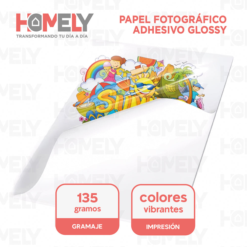 Papel Fotografico Glossy Adhesivo A4 135 Grs Homely 100 Hoja