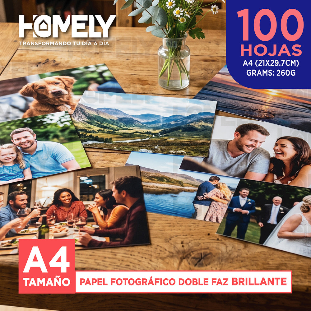 Papel fotográfico doble faz brillante A4 100 hojas 260 g