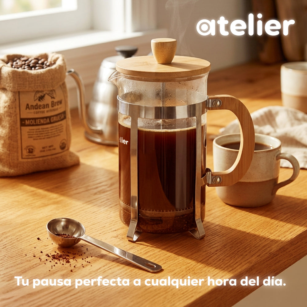 Cafetera Francesa 600ml Atelier Prensa Vidrio Acero Inoxidable Portatil Con Dosificador