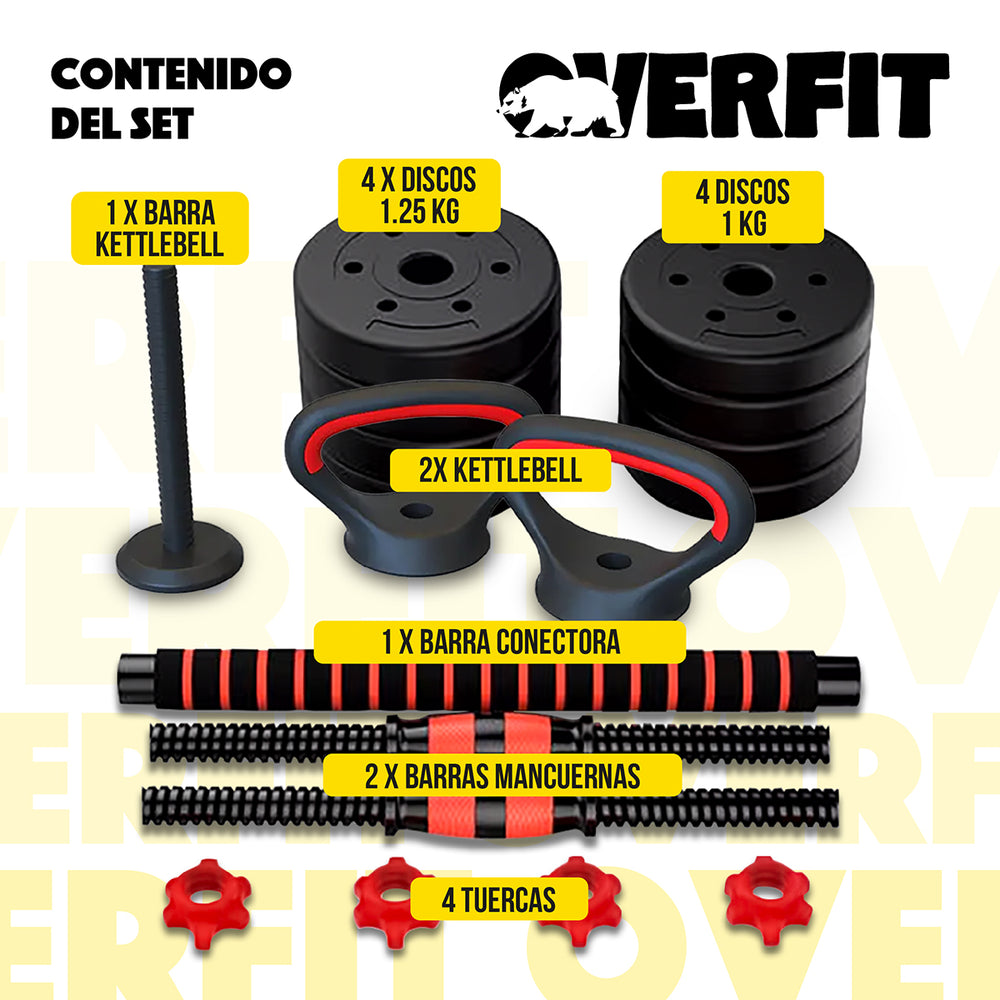 Set Mancuernas + Barra + Kettlebell Unibles Overfit 10kg