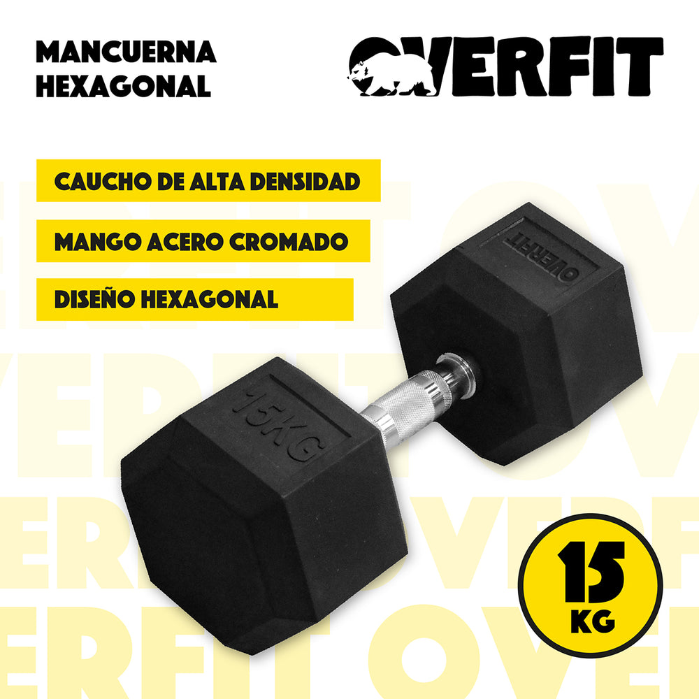 Mancuerna Hexagonal 15 kg Acero Y Caucho Overfit Fitness