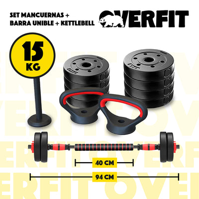 Set Mancuernas + Barra + Kettlebell Unibles Overfit 15kg