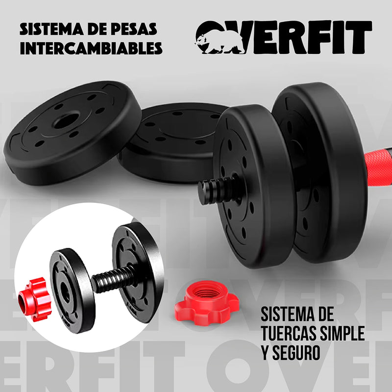 Set Mancuernas + Barra + Kettlebell Unibles Overfit 15kg