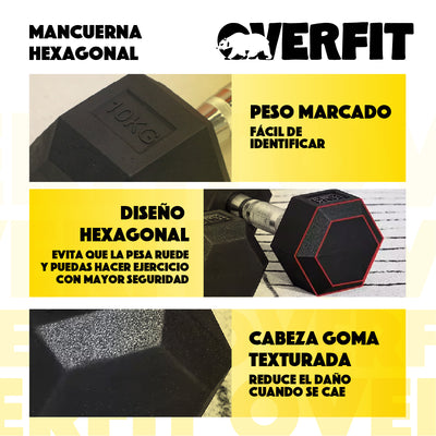 Mancuerna Hexagonal 10 Kg Acero Y Caucho Overfit