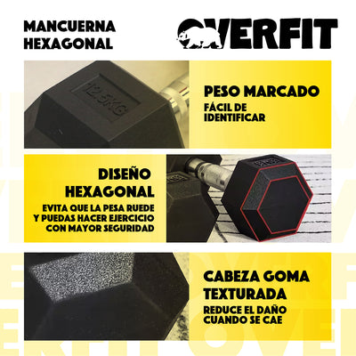 Mancuerna Hexagonal 12.5 Kg Acero Y Caucho Overfit